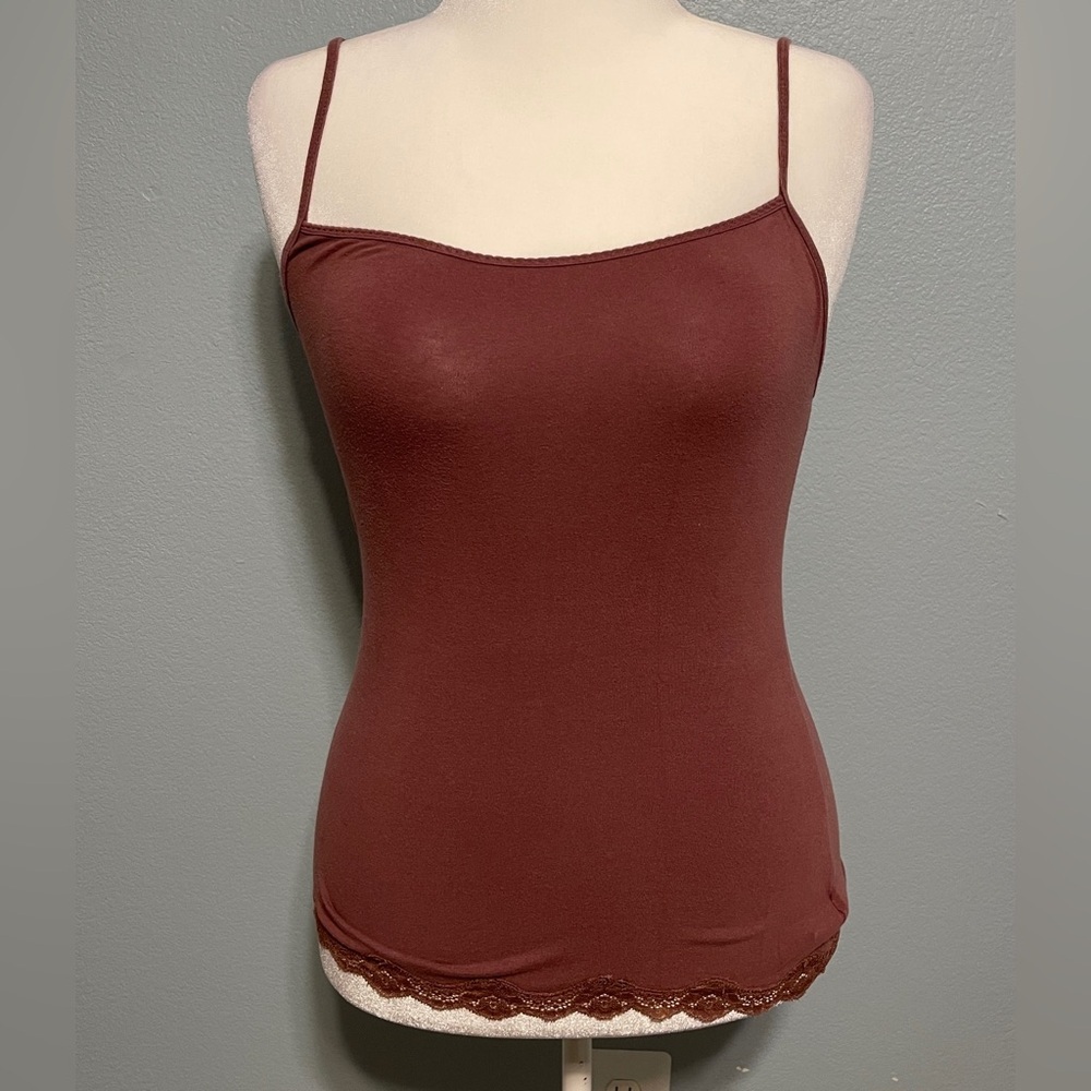 Gianni Bini Womens Y2K Babydoll Tank Top XS Mocha Brown Lace Trim Coquette Boho